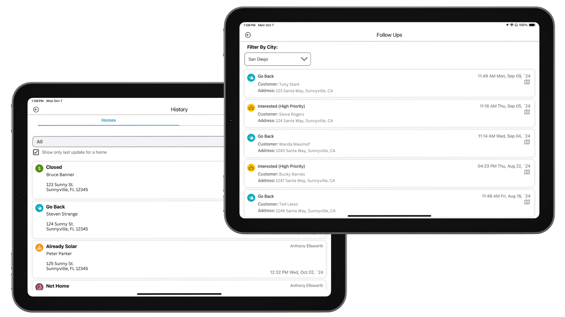 Two iPads showing CRM lead history and follow-ups