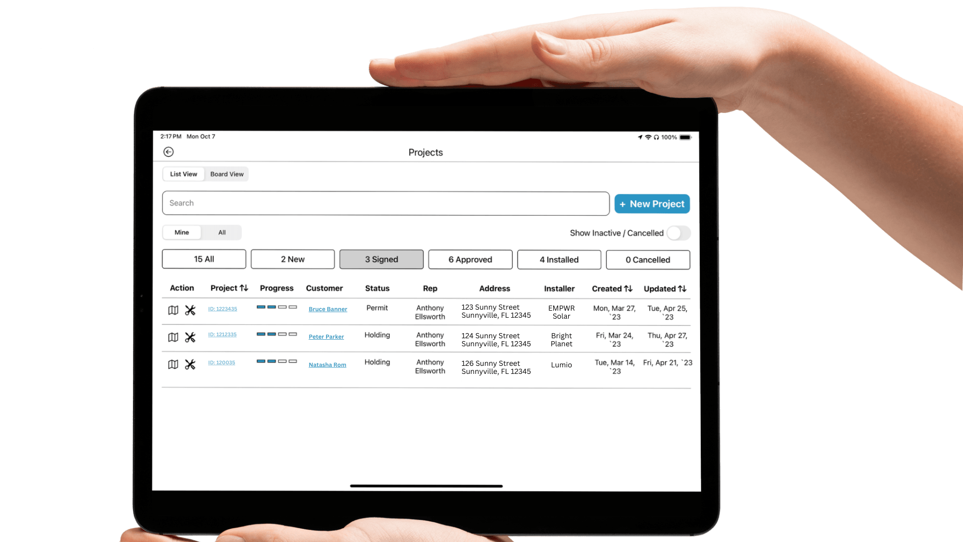 iPad showing projects management view