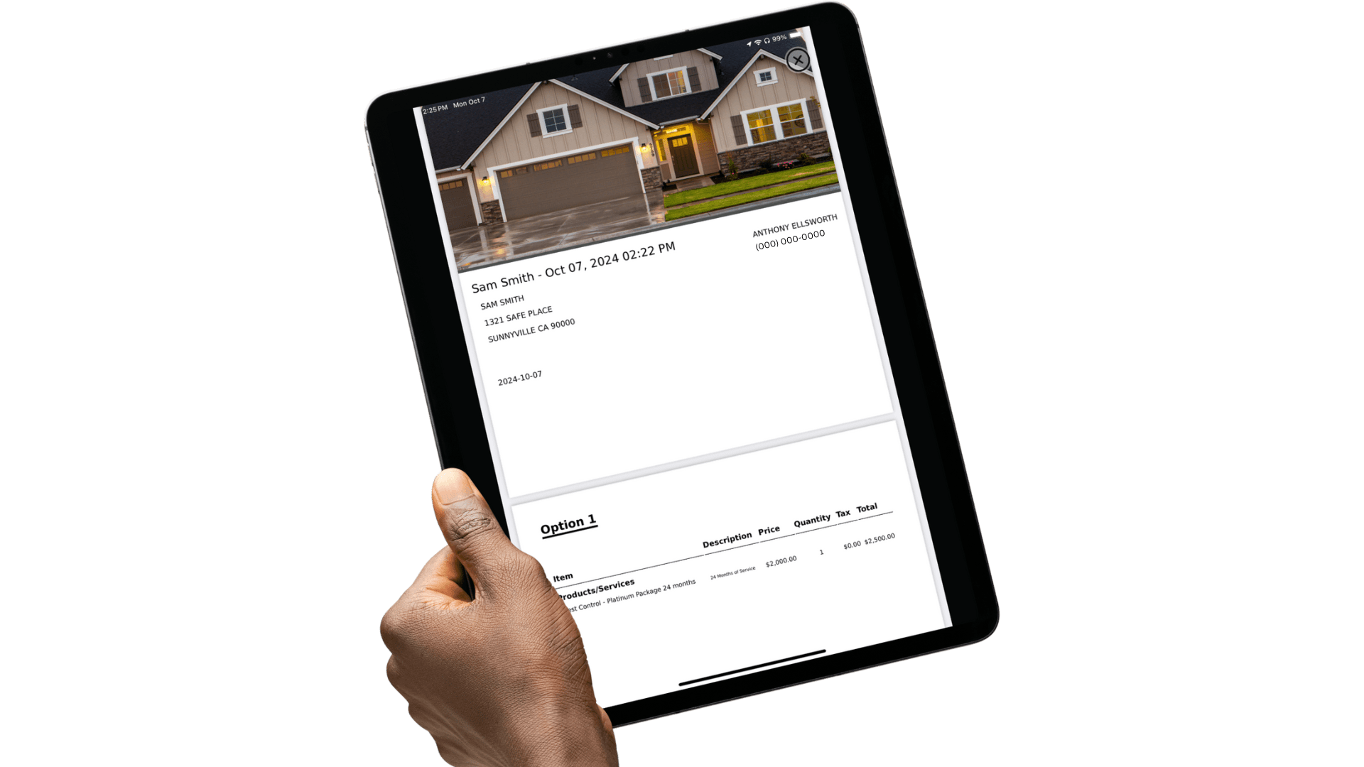 iPad showing custom proposal with house photo