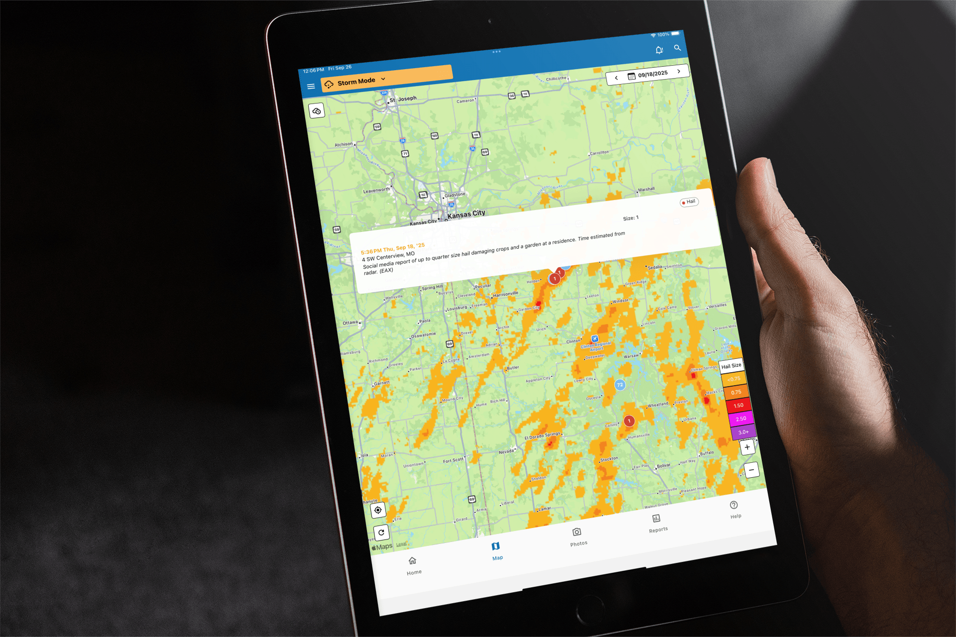 iPad showing storm hail data map